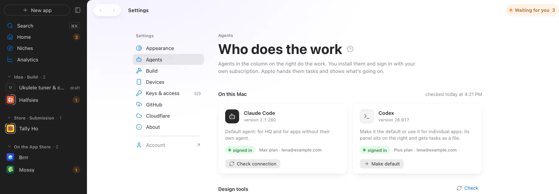 Claude Code and Codex on one Mac, each app with its own agent