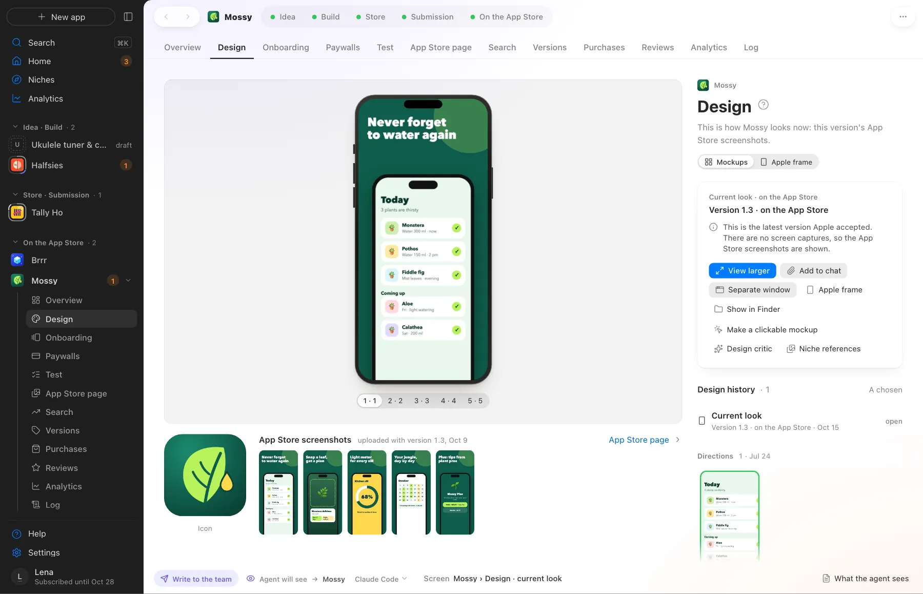 The live mockup works like an iPhone. Palette and fonts next to it