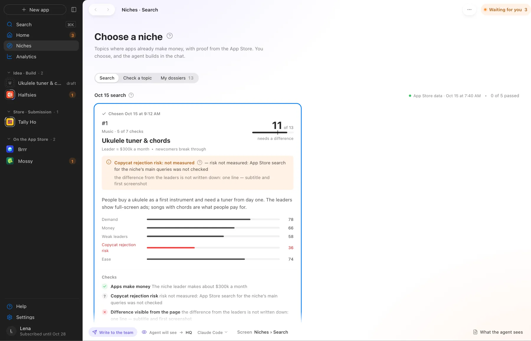 The dossier’s own-mechanics check compares the niche with your own apps