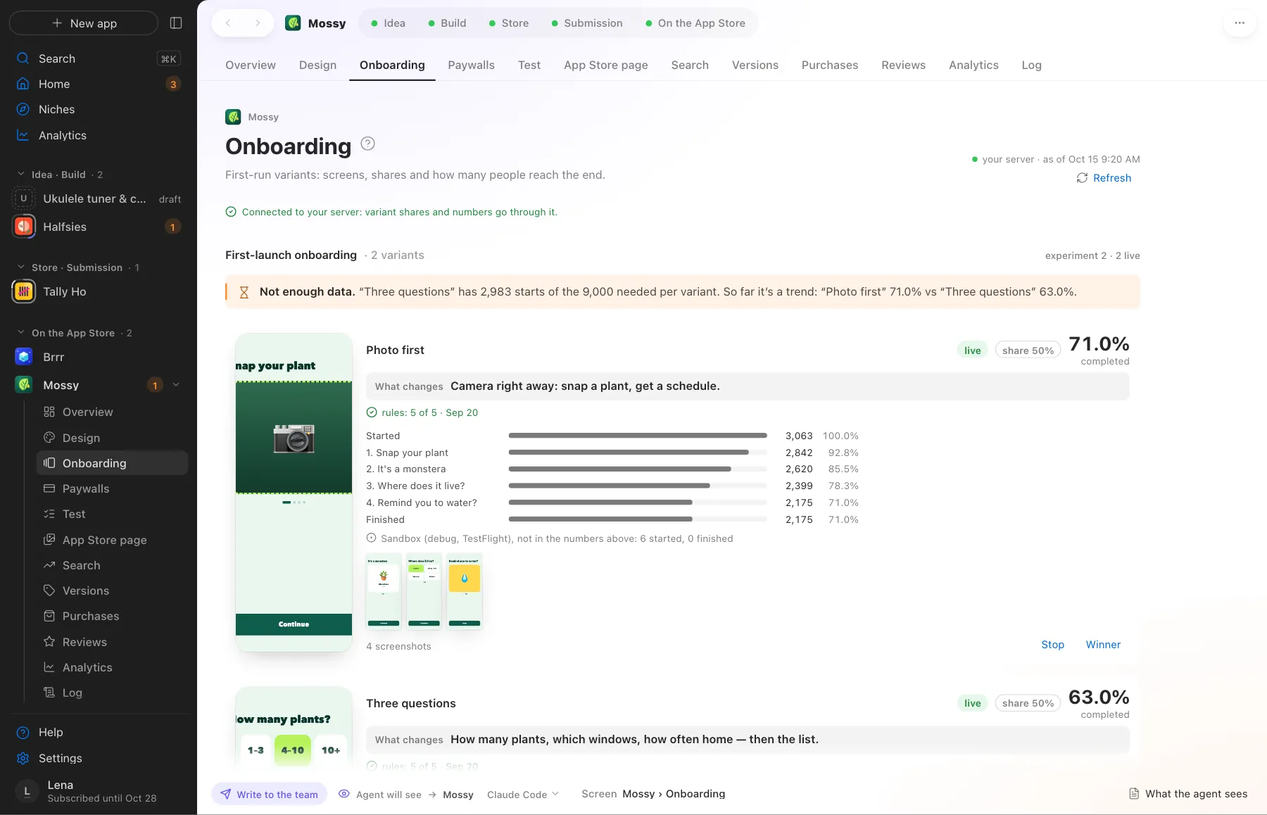 Onboarding variants and how many people reach the end