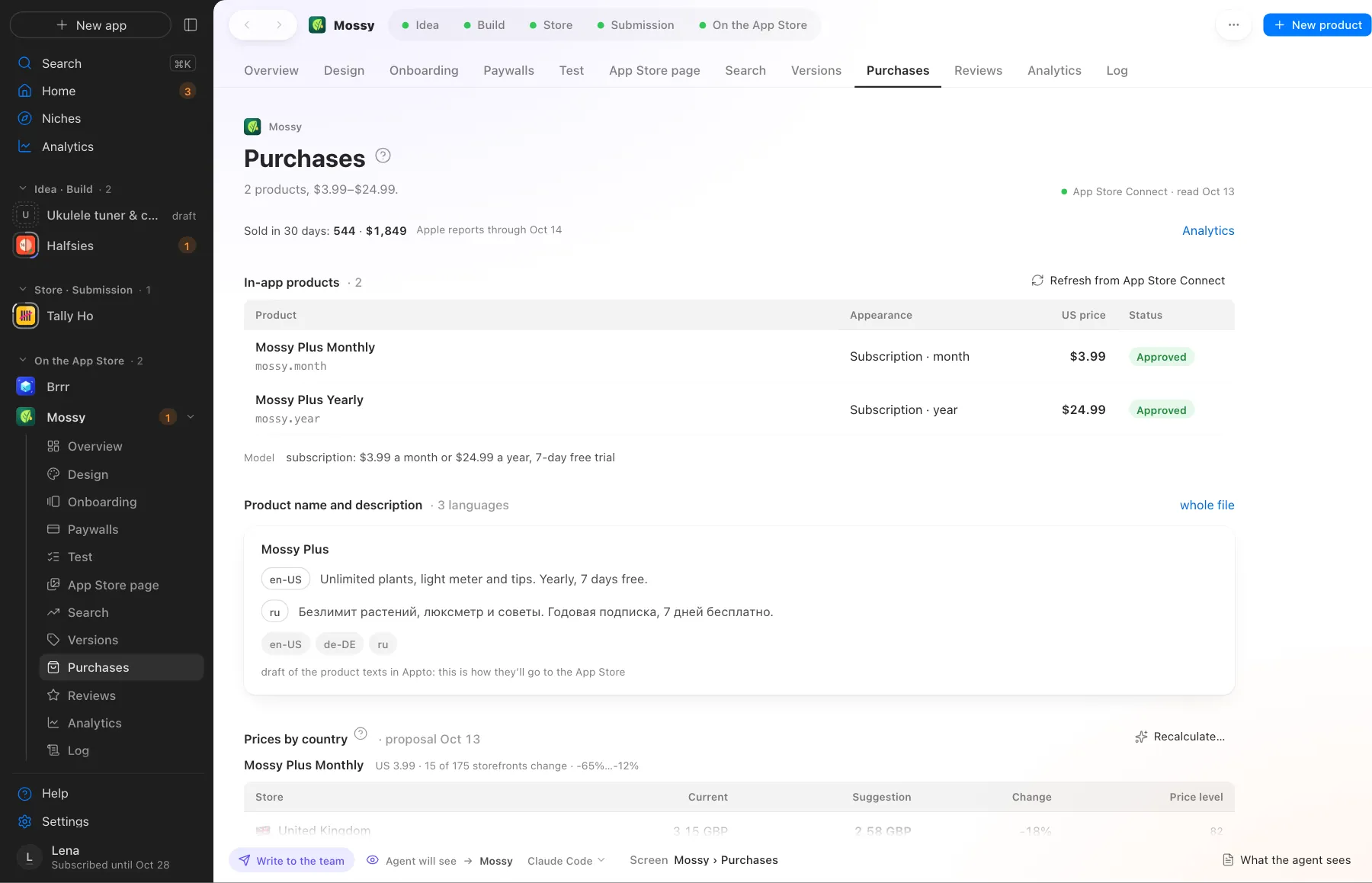 Purchases, their copy in each language and prices by country
