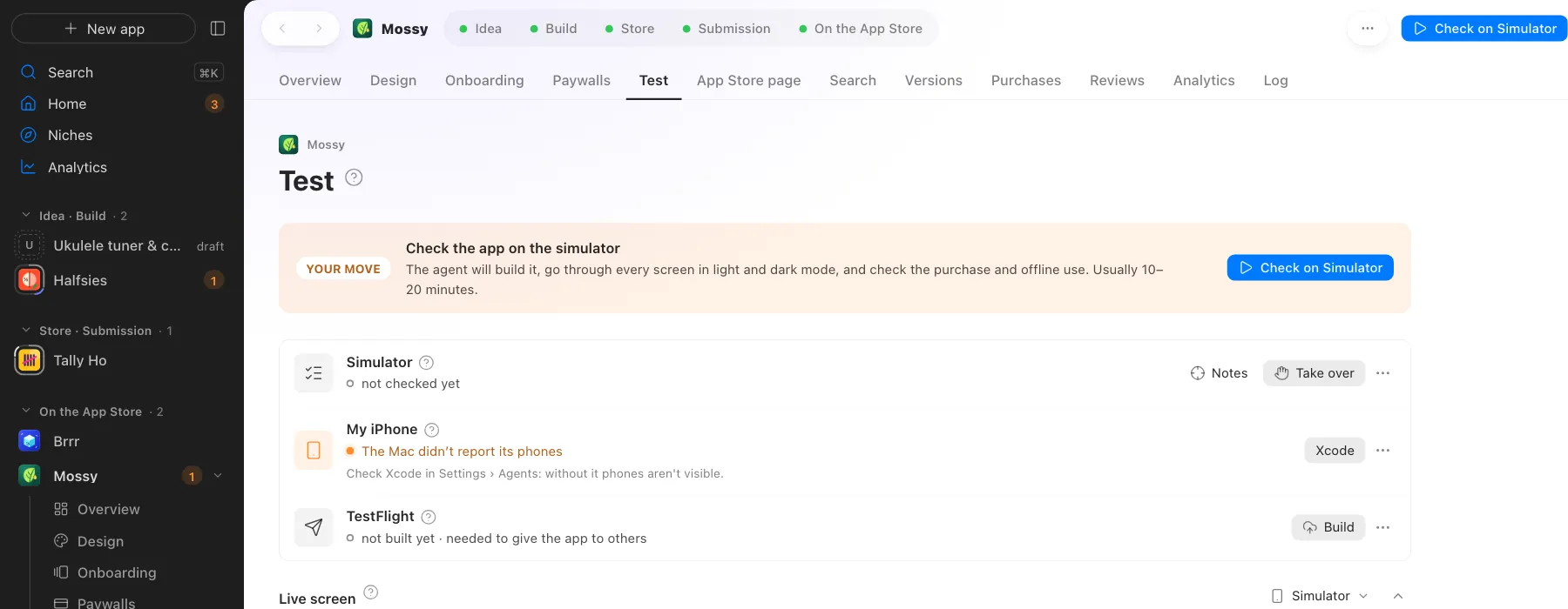 Simulator, your own iPhone and TestFlight on one screen