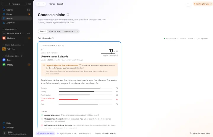 Niche search. Each niche with a score, checks and the leaders