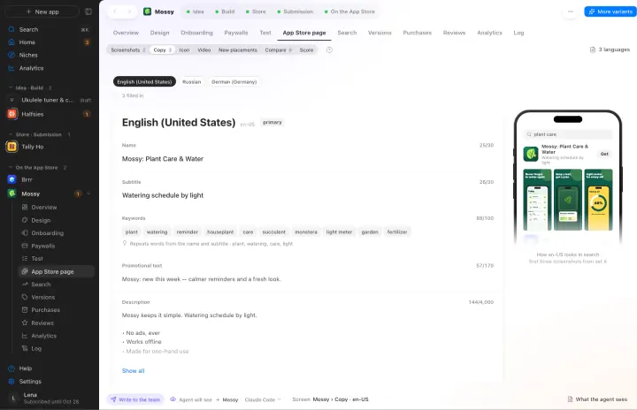 Name, subtitle and keywords with a counter against Apple’s limits