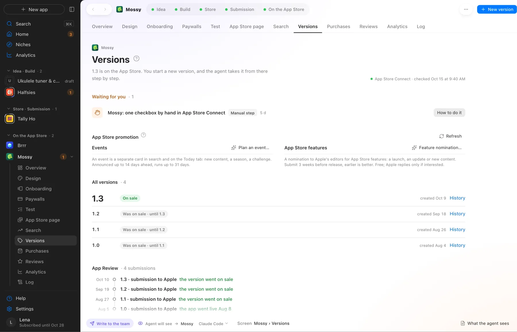 Versions, App Review submissions, events and featuring nominations